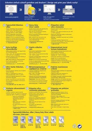 Etikett, 210x297 mm, poliészter, AVERY ZWECKFORM, ezüst, 8 etikett/csomag