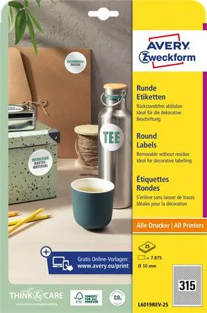 Etikett, univerzális, 10 mm, kör, eltávolítható, AVERY ZWECKFORM, 7875 etikett/csomag