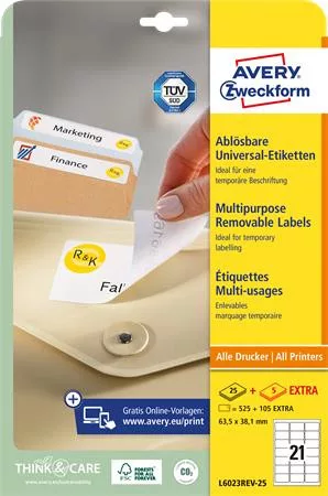 Etikett, univerzális, 63,5x38,1 mm, eltávolítható, kerekített sarkú, AVERY ZWECKFORM, 630 etikett/csomag