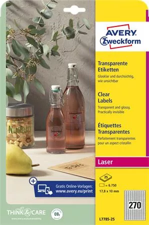 Etikett, 17,8x10 mm, poliészter, AVERY ZWECKFORM, átlátszó, 6750 etikett/csomag