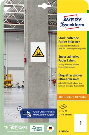 Etikett, univerzális, 210x297 mm, extra erős, AVERY ZWECKFORM, 20 etikett/csomag