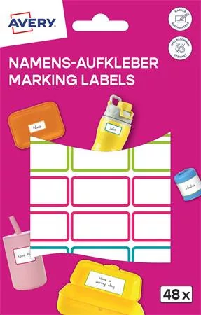 Címke, műanyag, iskolai, 31x15 mm, kézzel írható, AVERY ZWECKFORM, színes, 48 címke/csomag