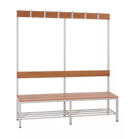   Öltözőpad fenyőfa lécezéssel, fogas állvánnyal egybeépítve, egy oldalas, cipő tartó ráccsal, Szürke/bükk, 400mmx1200mmx400mm, Szürke/bükk