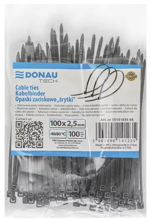 Kábelkötegelő, gyorskötöző, 2,5x100mm, DONAU "Tech", fekete