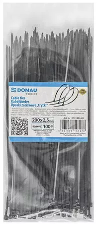 Kábelkötegelő, gyorskötöző, 2,5x200mm, DONAU "Tech", fekete
