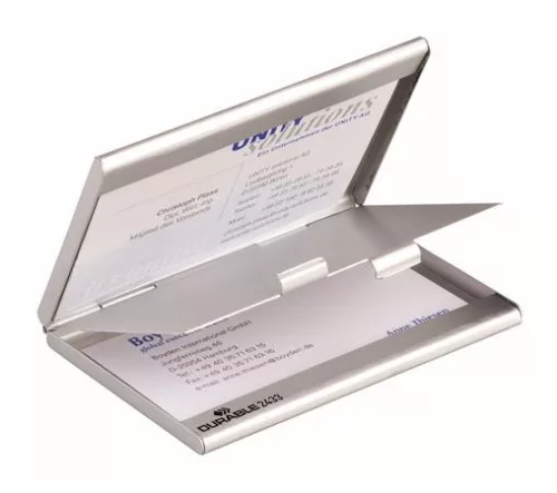 Névjegykártyatartó tárca, fém, 20 db-os, DURABLE "CARD BOX DUO", ezüst