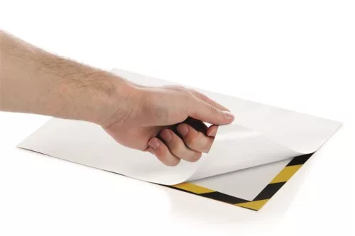 Infokeret, A4, öntapadó háttal, DURABLE "DURAFRAME SECURITY", sárga-fekete