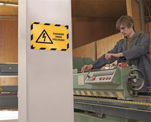 Infokeret, A4, öntapadó háttal, DURABLE "DURAFRAME SECURITY", sárga-fekete