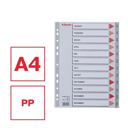 Regiszter, műanyag, A4, Jan-Dec, ESSELTE, szürke