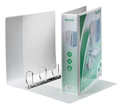 Gyűrűs könyv, panorámás, 4 gyűrű, D alakú, 77 mm, A4 Maxi, PP, LEITZ, fehér