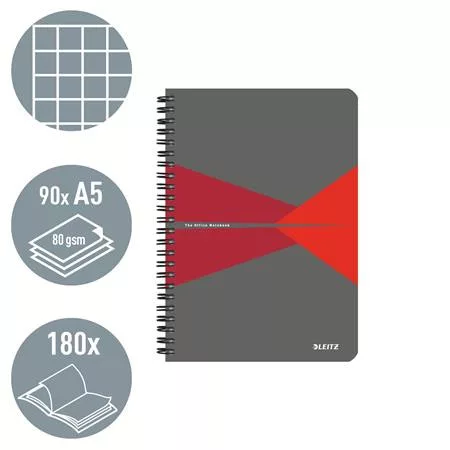 Spirálfüzet, A5, kockás, 90 lap, laminált karton borító, LEITZ "Office", szürke-piros