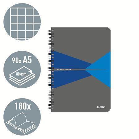 Spirálfüzet, A5, kockás, 90 lap, laminált karton borító, LEITZ "Office", szürke-kék