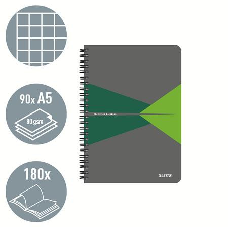 Spirálfüzet, A5, kockás, 90 lap, laminált karton borító, LEITZ "Office", szürke-zöld
