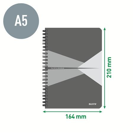 Spirálfüzet, A5, vonalas, 90 lap, laminált karton borító, LEITZ "Office", szürke-piros