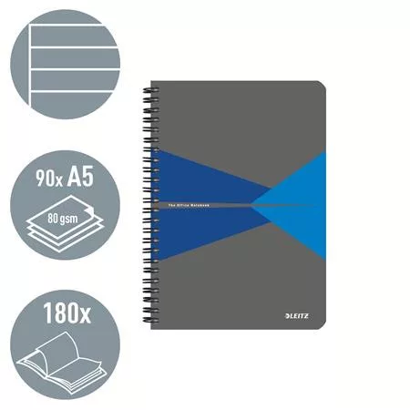 Spirálfüzet, A5, vonalas, 90 lap, laminált karton borító, LEITZ "Office", szürke-kék