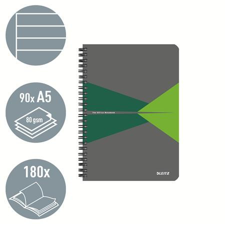 Spirálfüzet, A5, vonalas, 90 lap, laminált karton borító, LEITZ "Office", szürke-zöld