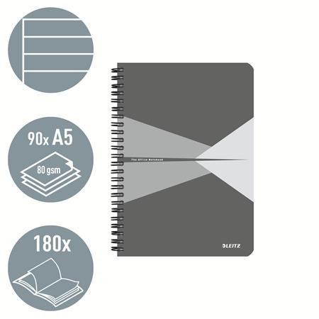 Spirálfüzet, A5, vonalas, 90 lap, laminált karton borító, LEITZ "Office", szürke