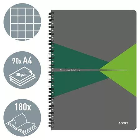 Spirálfüzet, A4, kockás, 90 lap, PP borító, LEITZ "Office", szürke-zöld