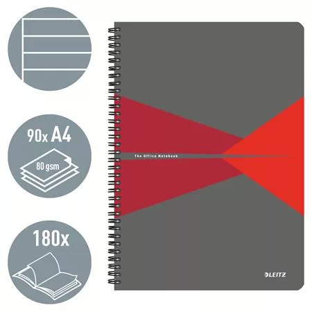 Spirálfüzet, A4, vonalas, 90 lap, PP borító, LEITZ "Office", szürke-piros