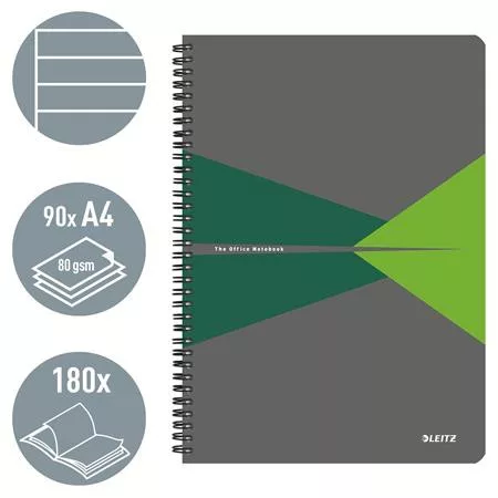 Spirálfüzet, A4, vonalas, 90 lap, PP borító, LEITZ "Office", szürke-zöld