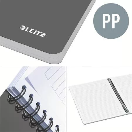 Spirálfüzet, A4, vonalas, 90 lap, PP borító, LEITZ "Office", szürke-zöld