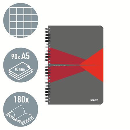 Spirálfüzet, A5, kockás, 90 lap, PP borító, LEITZ "Office", szürke-piros