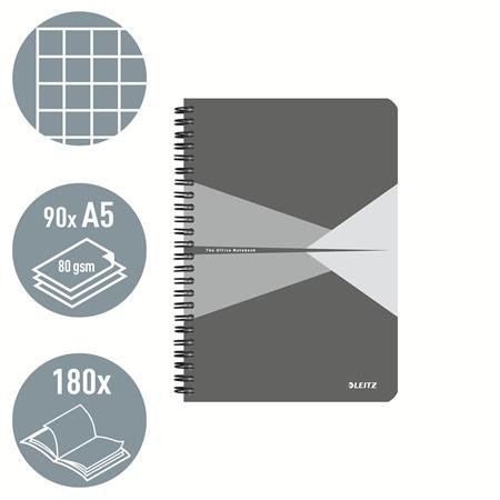 Spirálfüzet, A5, kockás, 90 lap, PP borító, LEITZ "Office", szürke