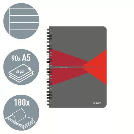 Spirálfüzet, A5, vonalas, 90 lap, PP borító, LEITZ "Office", szürke-piros