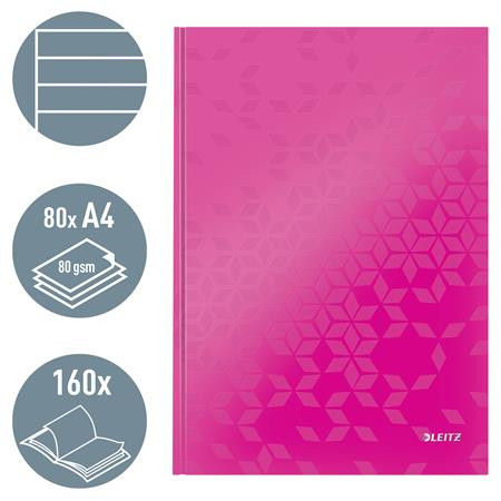 Beíró, A4, vonalas, 80 lap, keményfedeles, LEITZ "Wow", rózsaszín