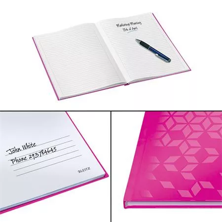 Beíró, A5, vonalas, 80 lap, keményfedeles, LEITZ "Wow", rózsaszín