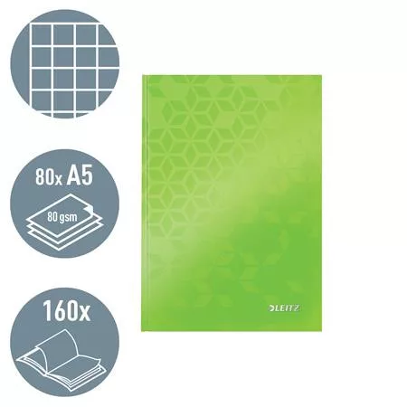 Beíró, A5, kockás, 80 lap, keményfedeles, LEITZ "Wow", zöld