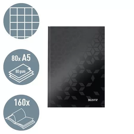 Beíró, A5, kockás, 80 lap, keményfedeles, LEITZ "Wow", fekete