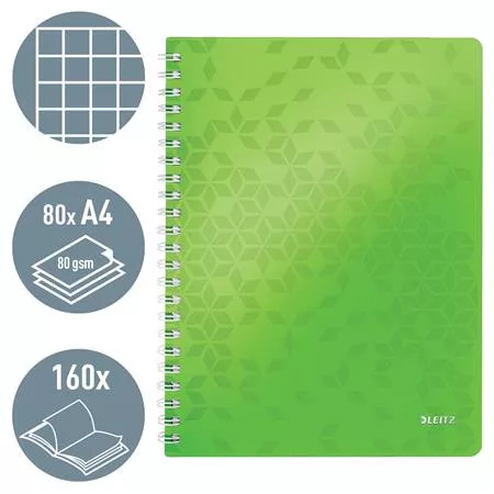 Spirálfüzet, A4, kockás, 80 lap, LEITZ "Wow", zöld