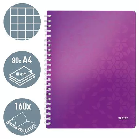 Spirálfüzet, A4, kockás, 80 lap, LEITZ "Wow", lila
