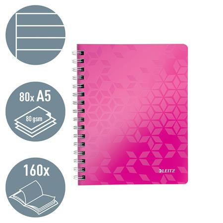 Spirálfüzet, A5, vonalas, 80 lap, LEITZ "Wow", rózsaszín