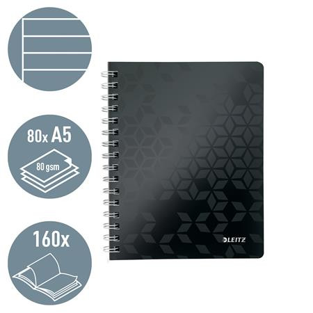 Spirálfüzet, A5, vonalas, 80 lap, LEITZ "Wow", fekete