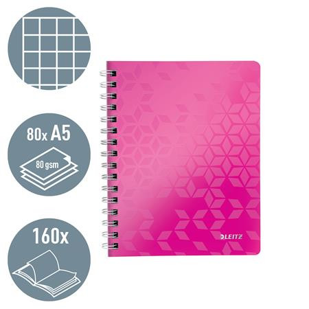 Spirálfüzet, A5, kockás, 80 lap, LEITZ "Wow", rózsaszín
