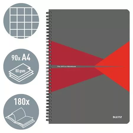 Spirálfüzet, A4, kockás, 90 lap, laminált karton borító, LEITZ "Office", szürke-piros