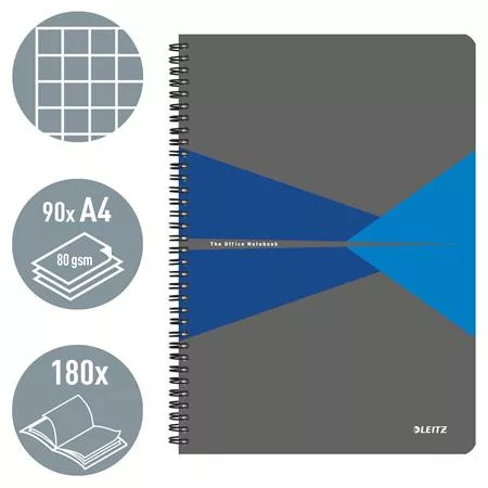 Spirálfüzet, A4, kockás, 90 lap, laminált karton borító, LEITZ "Office", szürke-kék