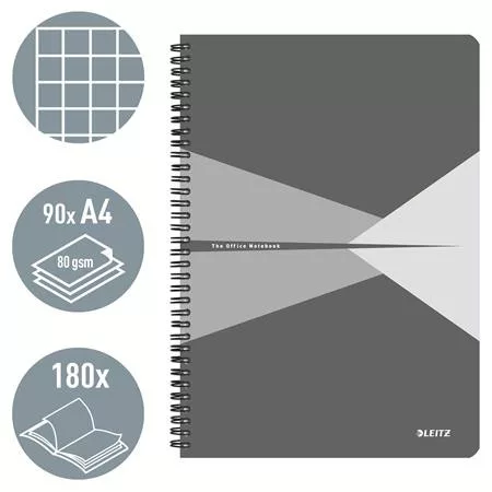Spirálfüzet, A4, kockás, 90 lap, laminált karton borító, LEITZ "Office", szürke