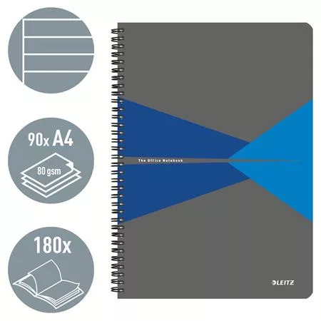 Spirálfüzet, A4, vonalas, 90 lap, laminált karton borító, LEITZ "Office", szürke-kék