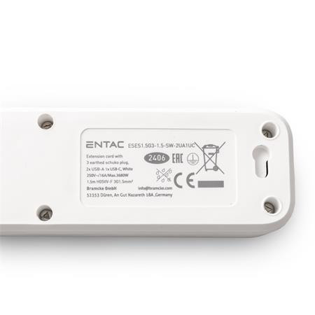 Elosztósor, 3 aljzat, 1,5 m, USB, kapcsolóval, ENTAC, fehér