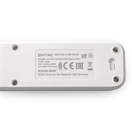 Elosztósor, 4 aljzat, 1,5 m, USB, kapcsolóval, ENTAC, fehér