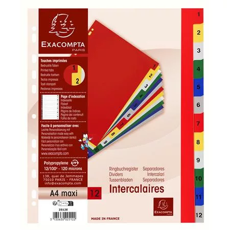 Regiszter, műanyag, A4+, 1-12, EXACOMPTA, színes
