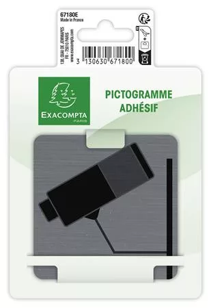 Információs tábla, öntapadó, 7,5x7,5 cm, alumíniumhatású, EXACOMPTA, "Kamerával megfigyelt terület"