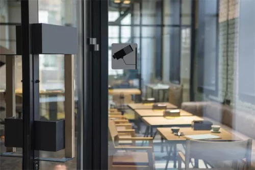 Információs tábla, öntapadó, 7,5x7,5 cm, alumíniumhatású, EXACOMPTA, "Kamerával megfigyelt terület"