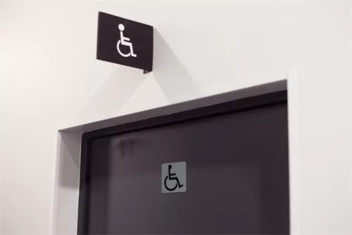 Információs tábla, öntapadó, 7,5x7,5 cm, alumíniumhatású, EXACOMPTA, "Mozgáskorlátozottak részére"