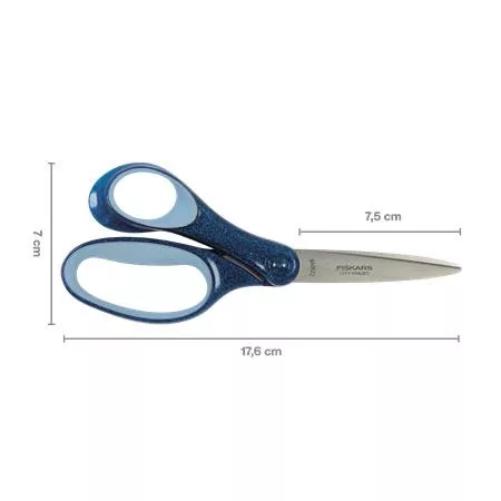 Olló, iskolai, 18 cm, balkezes, FISKARS, csillámos kék
