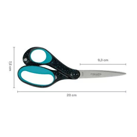 Olló, ifjúsági, 20 cm, balkezes, FISKARS, foltos pávakék