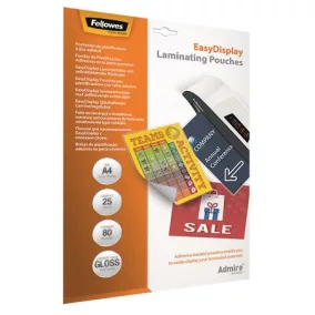   Meleglamináló fólia, 80 mikron, A4, fényes, öntapadó, 25 db, FELLOWES "Admire Easy Display"